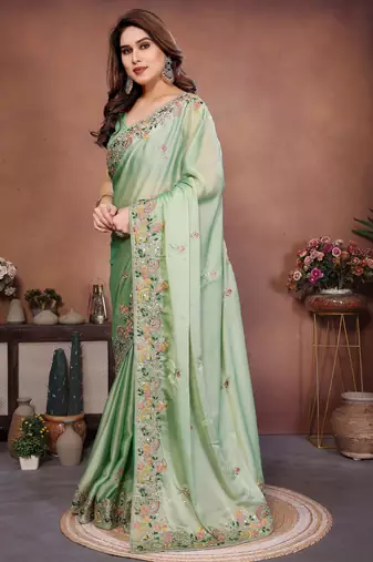 Prepossessing pista green frendy chiffon embroidery multi sequence work. saree with mono banglory silk blouse
