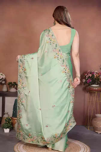 Prepossessing pista green frendy chiffon embroidery multi sequence work. saree with mono banglory silk blouse