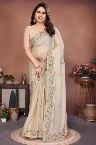 Striking cream frendy chiffon embroidery multi sequence work. saree with mono banglory silk blouse