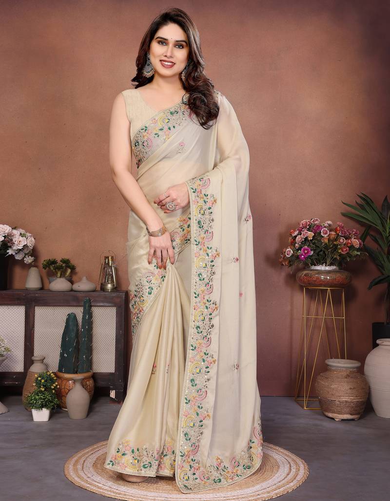 Striking cream frendy chiffon embroidery multi sequence work. saree with mono banglory silk blouse