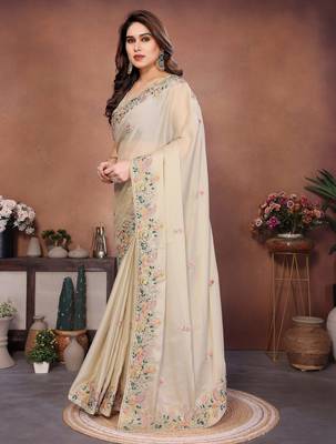 Striking cream frendy chiffon embroidery multi sequence work. saree with mono banglory silk blouse 3