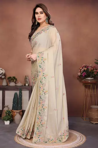 Striking cream frendy chiffon embroidery multi sequence work. saree with mono banglory silk blouse