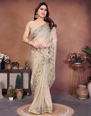 Striking cream frendy chiffon embroidery multi sequence work. saree with mono banglory silk blouse 4