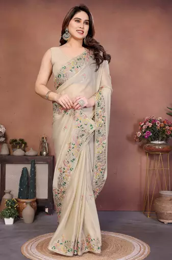Striking cream frendy chiffon embroidery multi sequence work. saree with mono banglory silk blouse
