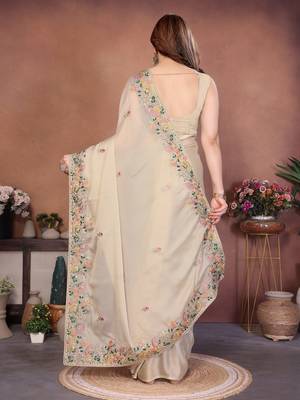 Striking cream frendy chiffon embroidery multi sequence work. saree with mono banglory silk blouse 5