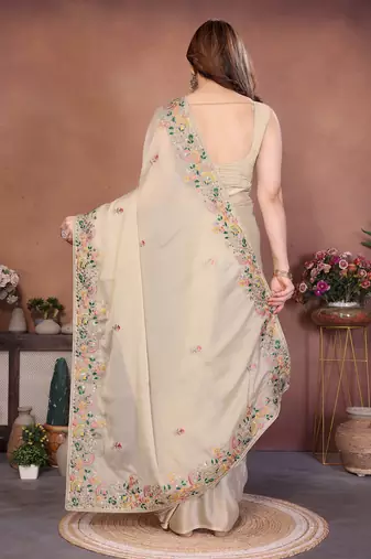 Striking cream frendy chiffon embroidery multi sequence work. saree with mono banglory silk blouse