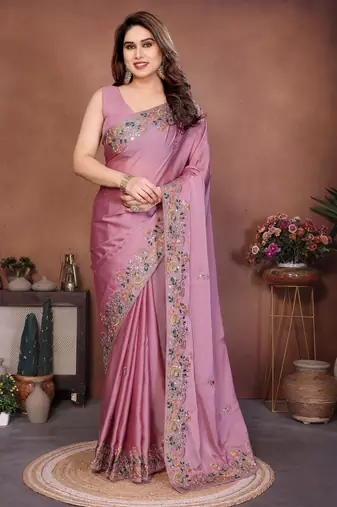 Delectable dusty pink frendy chiffon embroidery multi sequence work. saree with mono banglory silk blouse