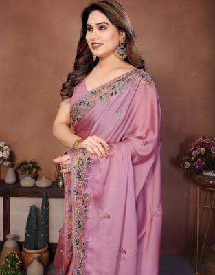 Delectable dusty pink frendy chiffon embroidery multi sequence work. saree with mono banglory silk blouse 2
