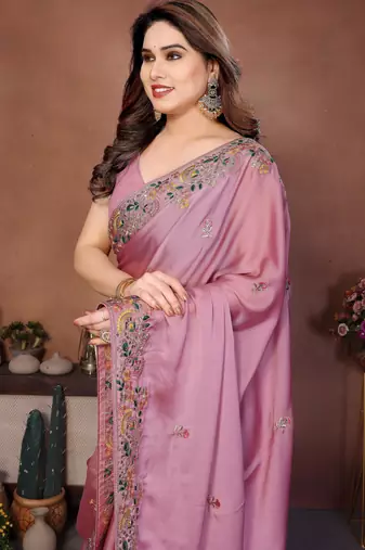 Delectable dusty pink frendy chiffon embroidery multi sequence work. saree with mono banglory silk blouse