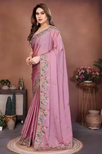 Delectable dusty pink frendy chiffon embroidery multi sequence work. saree with mono banglory silk blouse