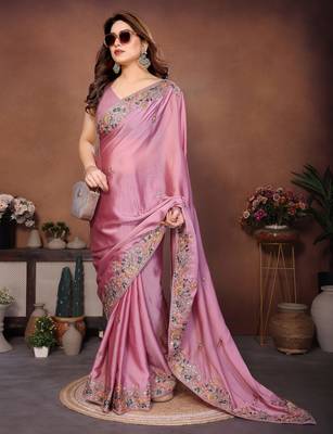 Delectable dusty pink frendy chiffon embroidery multi sequence work. saree with mono banglory silk blouse 4
