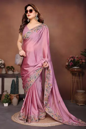 Delectable dusty pink frendy chiffon embroidery multi sequence work. saree with mono banglory silk blouse