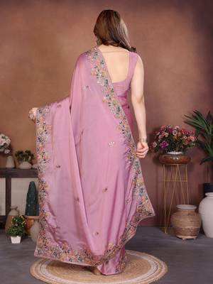 Delectable dusty pink frendy chiffon embroidery multi sequence work. saree with mono banglory silk blouse 5