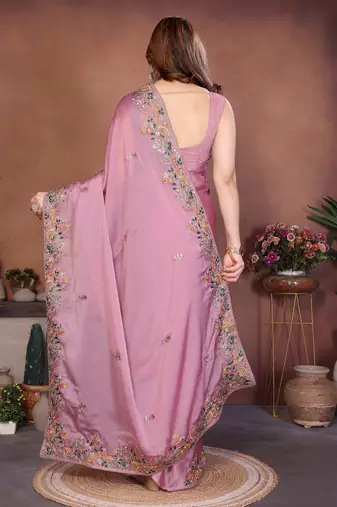 Delectable dusty pink frendy chiffon embroidery multi sequence work. saree with mono banglory silk blouse