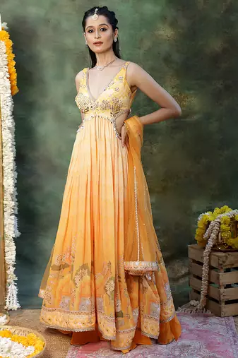 Yellow embroidered georgette anarkali set