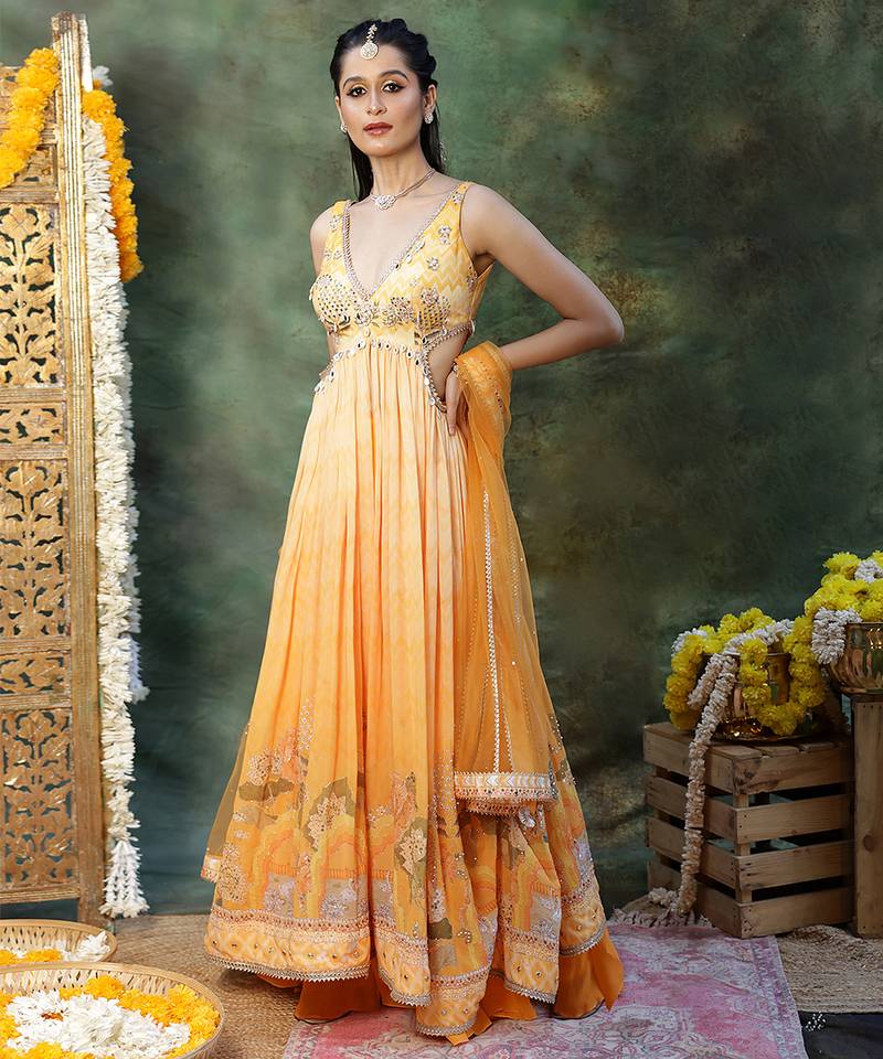 Yellow embroidered georgette anarkali set