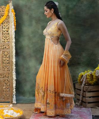 Yellow embroidered georgette anarkali set 2
