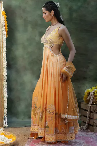 Yellow embroidered georgette anarkali set