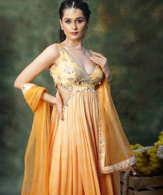 Yellow embroidered georgette anarkali set 3