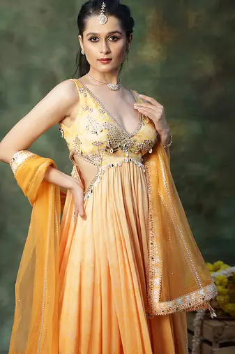 Yellow embroidered georgette anarkali set