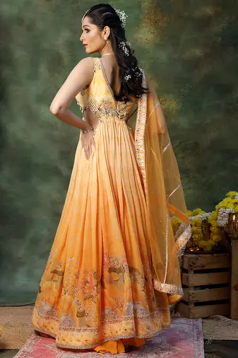 Yellow embroidered georgette anarkali set