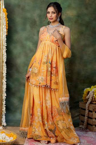 Yellow embroidered georgette sharara set