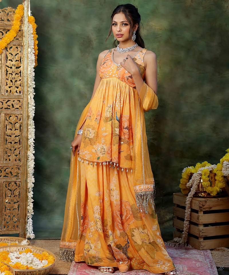 Yellow embroidered georgette sharara set
