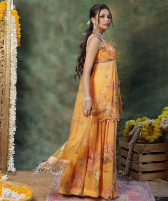 Yellow embroidered georgette sharara set 2