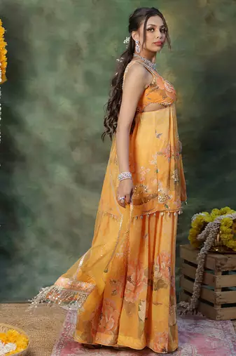 Yellow embroidered georgette sharara set