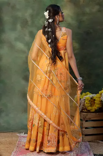 Yellow embroidered georgette sharara set