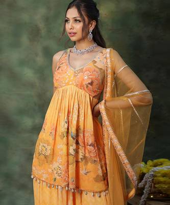 Yellow embroidered georgette sharara set 4