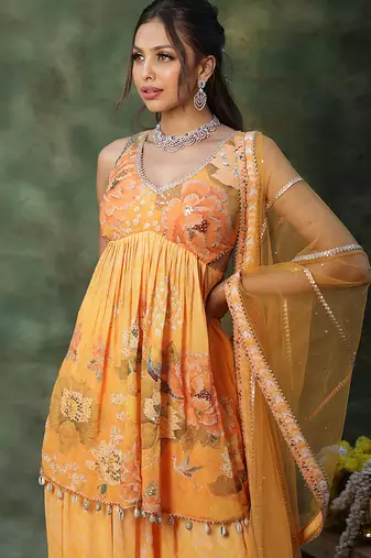 Yellow embroidered georgette sharara set