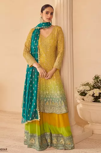 Yellow pure geogette full stitched suit free size upto 42