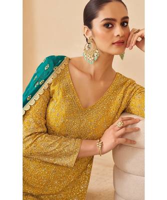 Yellow pure geogette full stitched suit free size upto 42 2