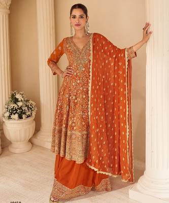 Orange pure geogette full stitched suit free size upto 42 1