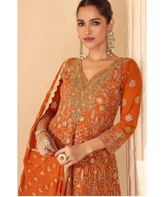 Orange pure geogette full stitched suit free size upto 42 2