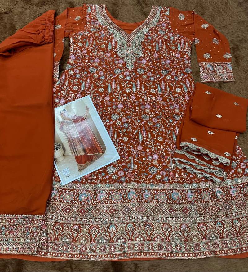 Orange pure geogette full stitched suit free size 
