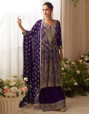Dark blue pure geogette full stitched suit free size upto 42 1