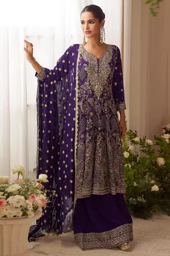 Dark blue pure geogette full stitched suit free size upto 42