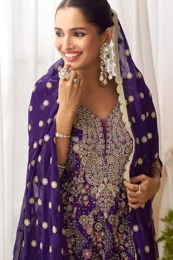 Dark blue pure geogette full stitched suit free size upto 42