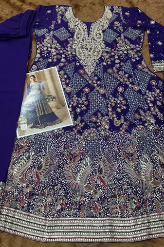 Dark blue pure geogette full stitched suit free size upto 42