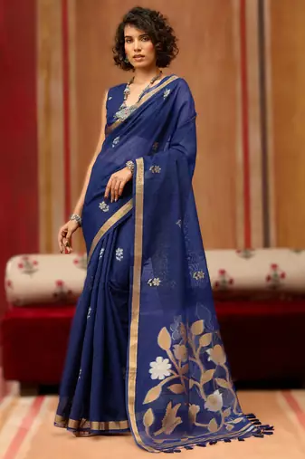 navy_blue pure munga art silk handloom weaving saree with organza weaving pallu