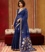 navy_blue pure munga art silk handloom weaving saree with organza weaving pallu