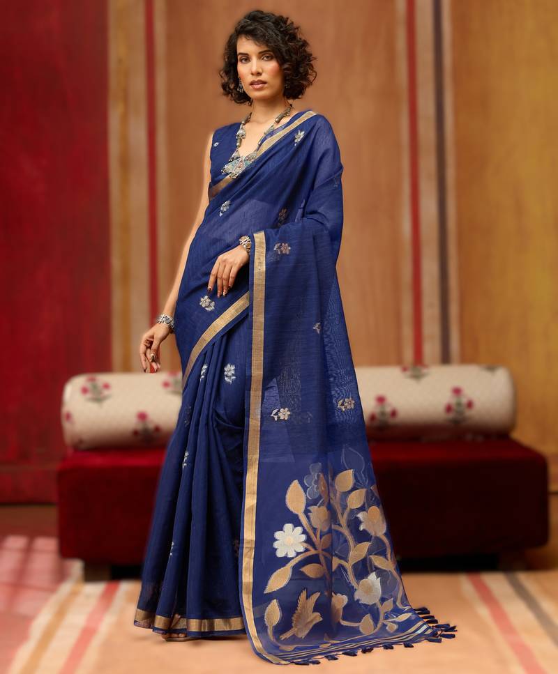 navy_blue pure munga art silk handloom weaving saree with organza weaving pallu