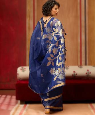 navy_blue pure munga art silk blend weaving saree with organza weaving pallu 2