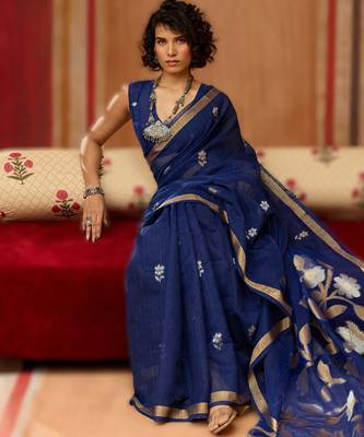navy_blue pure munga art silk blend weaving saree with organza weaving pallu 3