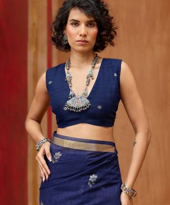 navy_blue pure munga art silk blend weaving saree with organza weaving pallu 4