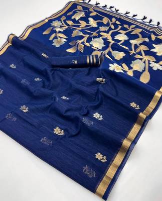 navy_blue pure munga art silk blend weaving saree with organza weaving pallu 5