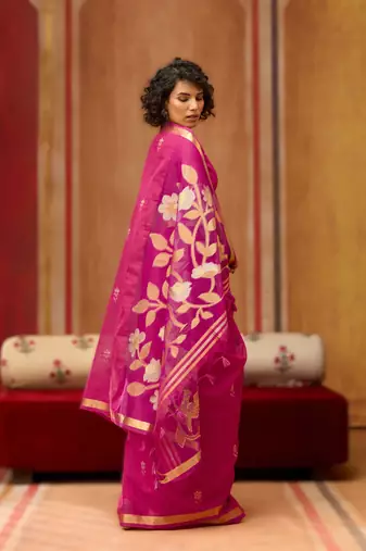 pink pure munga art silk blend weaving saree with organza weaving pallu