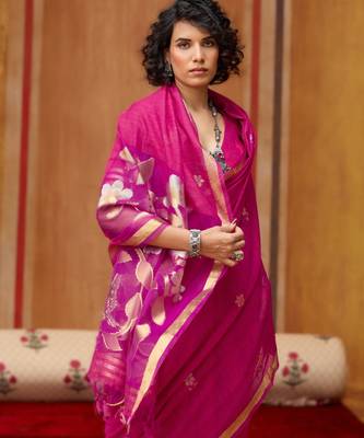 pink pure munga art silk blend weaving saree with organza weaving pallu 3